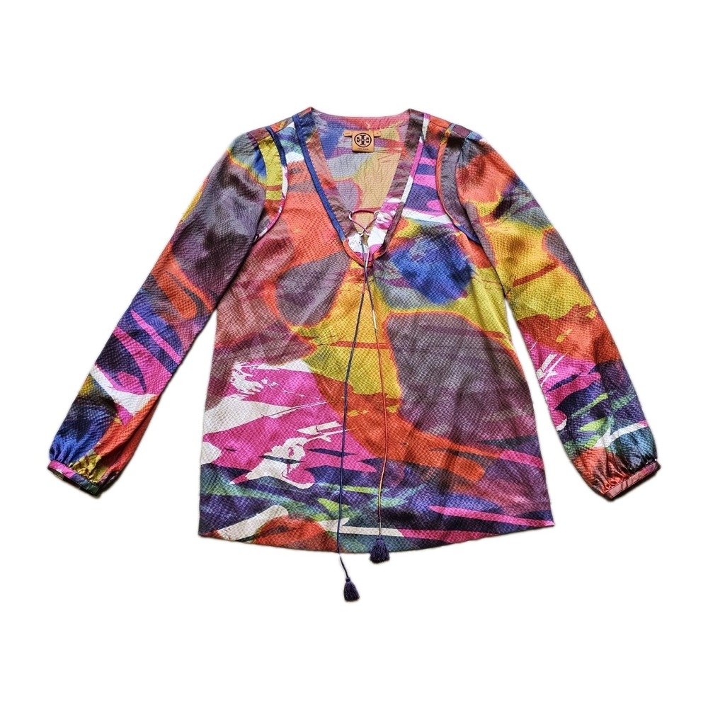 Tory Burch Colorful Hammered Silk Tie V-Neck Tunic 10 Multicolor Long Sleeve Top
